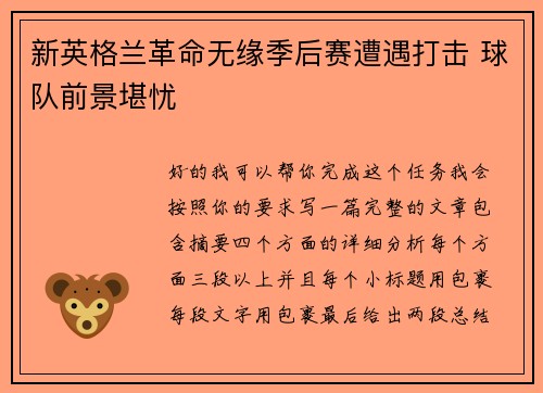 新英格兰革命无缘季后赛遭遇打击 球队前景堪忧 新英格兰革命无缘季后赛遭遇打击 球队前景堪忧